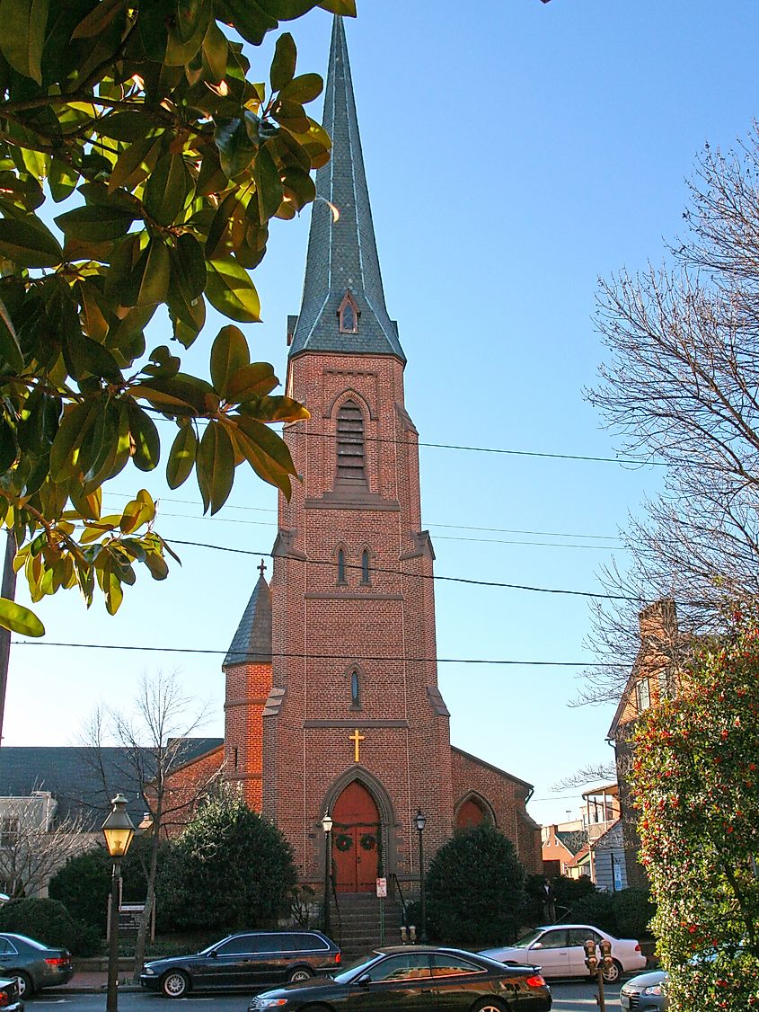 A view of the Church Street facade of All Saints' Episcopal Church from the court square in downtown Frederick, Maryland.