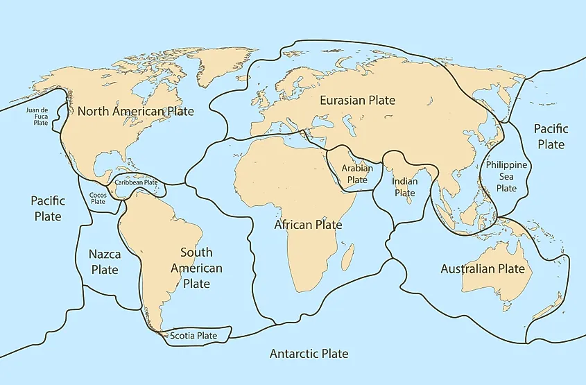 Tectonic plate earth map. Continental ocean pacific, volcano lithosphere geography plates