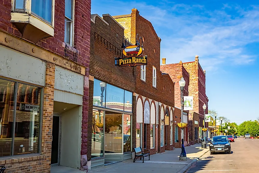 Pipestone Minnesota's historic commercial district and preserved architecture. Editorial credit: Photo Spirit / Shutterstock.com