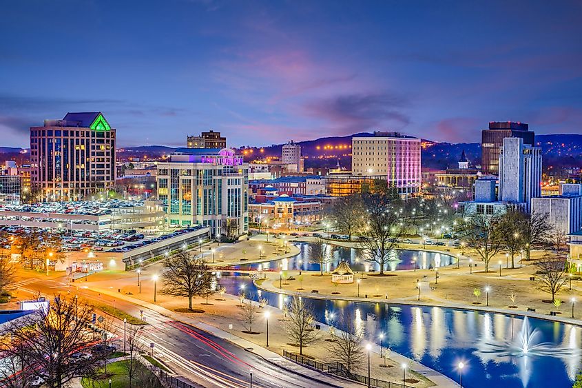 Huntsville, Alabama, park and downtown cityscape at twilight