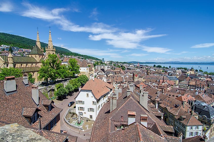 The townscape of Neuchâtel along the shores of Lake Neuchâtel.