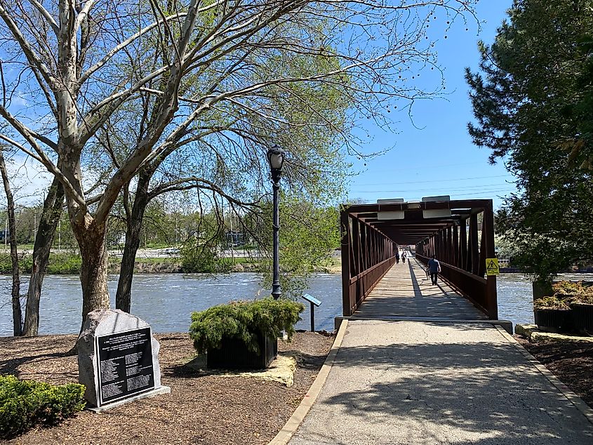 The Peace on Earth Bridge connects the Fox River Trail with Batavia's Riverwalk.
