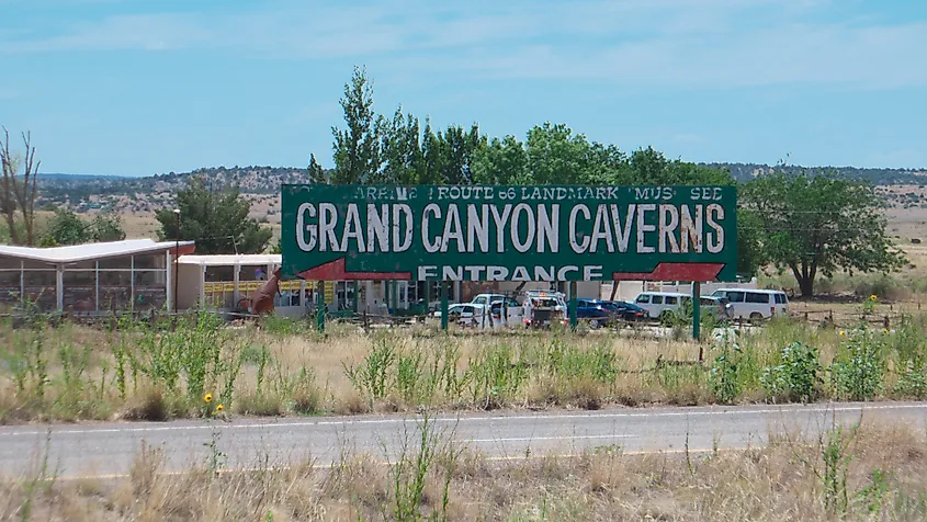 Grand Canyon Caverns entrance sign in Peach Springs, Arizona
