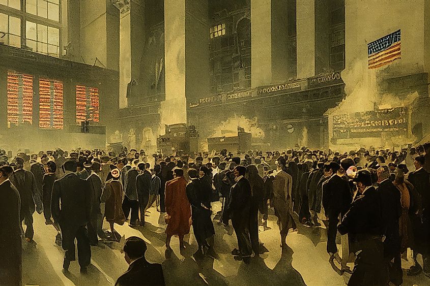 Crowds of people in 1929 gathered by NYC stock exchange building at the stock market crash.