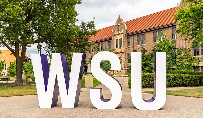 Entrance sign and trademark logo to Winona State University.