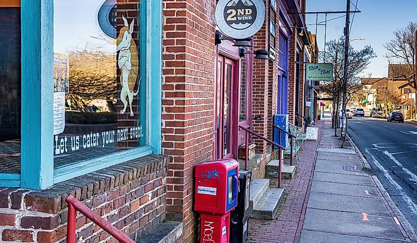 Storefronts in downtown Carrboro on a winter morning.