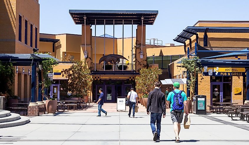 A view of students walking towards the Student Center on the UCI Campus, Irvine, California.
