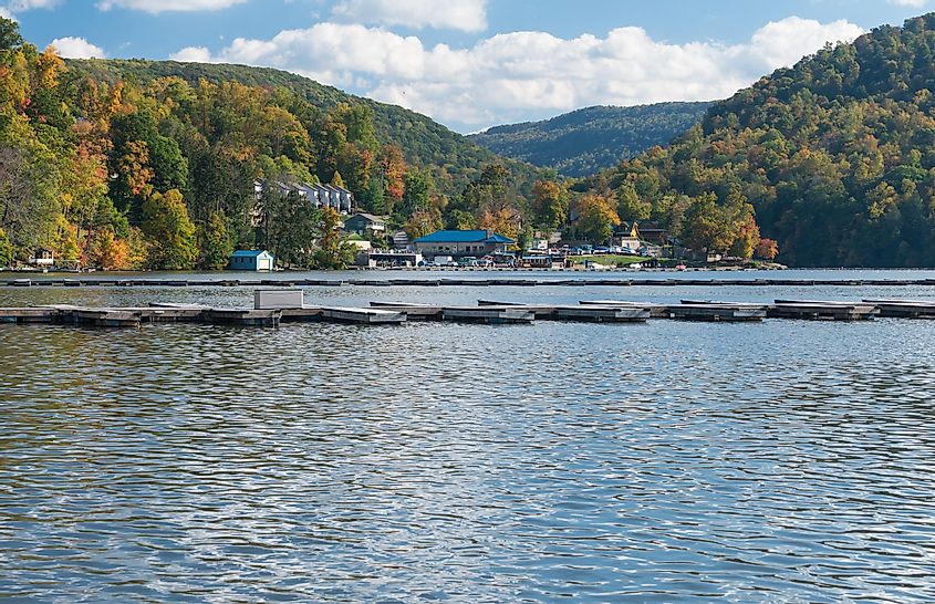 Empty boats docked in the marina on Cheat Lake near Morgantown, West Virginia