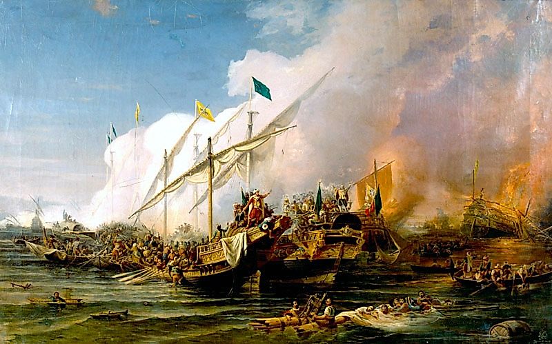 Barbarossa Hayreddin Pasha defeats the Holy League of Charles V under the command of Andrea Doria at the Battle of Preveza in 1538