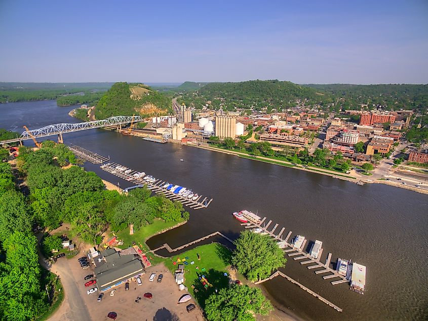 Panoramic aerial view of the town of Red Wing, Minnesota, along the Mississippi River.
