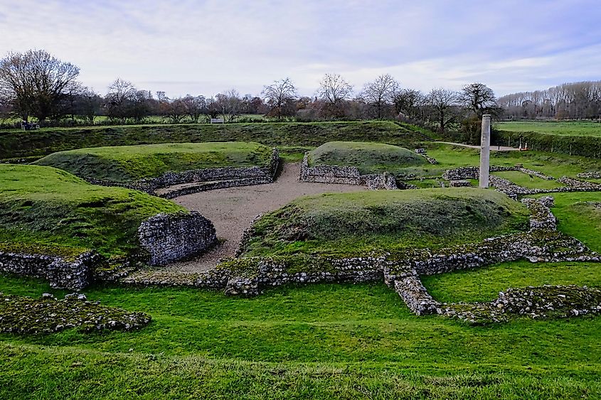 Ruins of the Roman amphitheater at Verulamium, St Albans, United Kingdom.