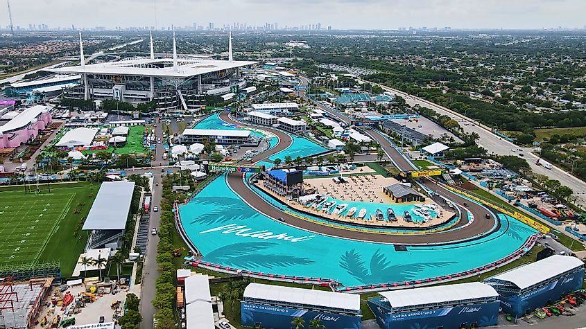 Aerial view of F1 Circuit and Hard Rock Stadium in Miami Gardens, Florida