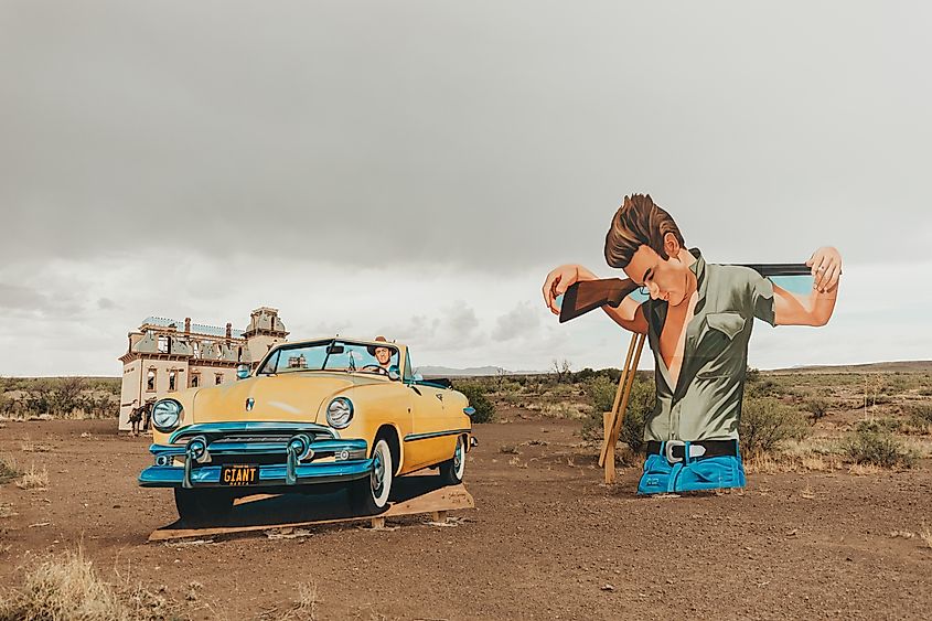 Movie set tribute with cutouts from Giant near Marfa, Texas.