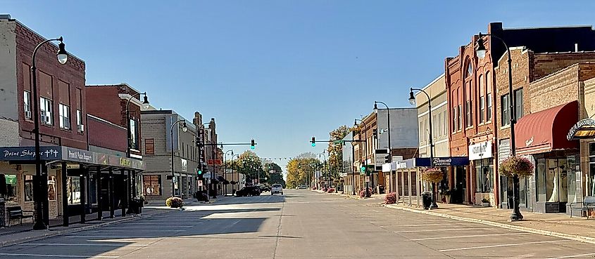 Downtown business district of the city of Algona, Iowa.