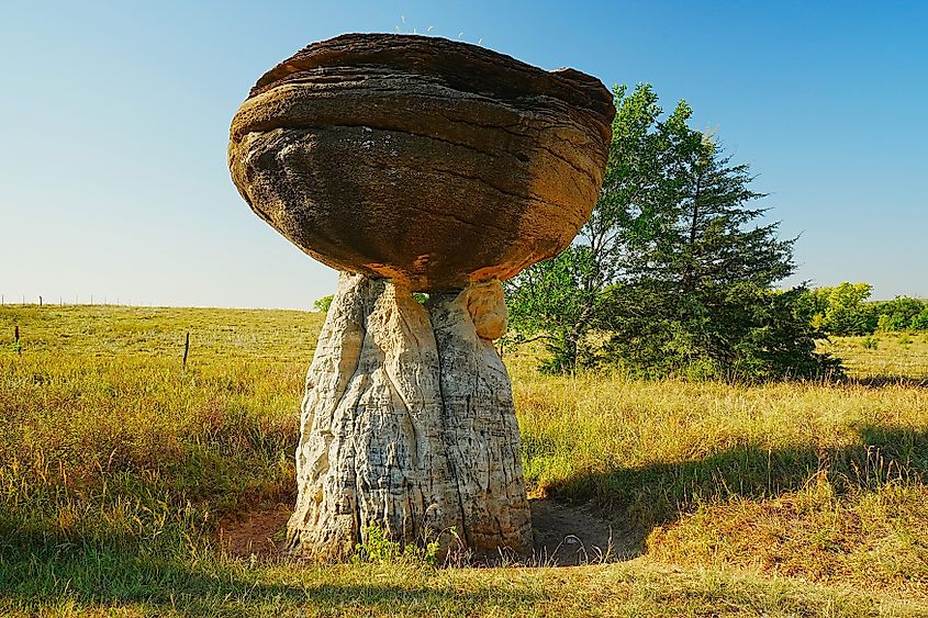 Sandstone concretions shaped like hoodoos, toadstools, and mushrooms at Mushroom Rock State Park in Kansas