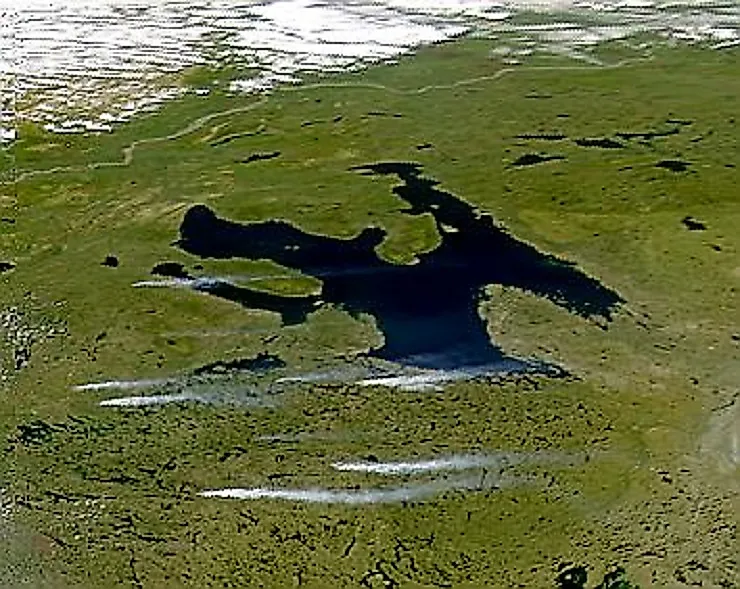 Great Bear Lake, as seen from outer space by way of a NASA satellite image.