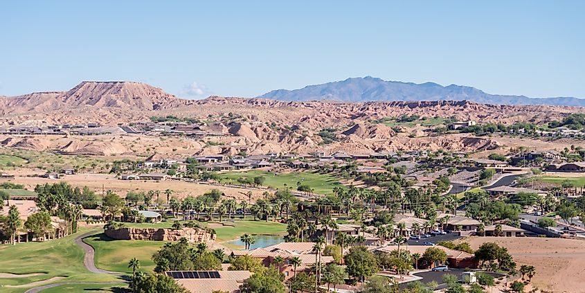 Picturesque Mesquite, Nevada, nestled in a valley amongst mesas and mountains.
