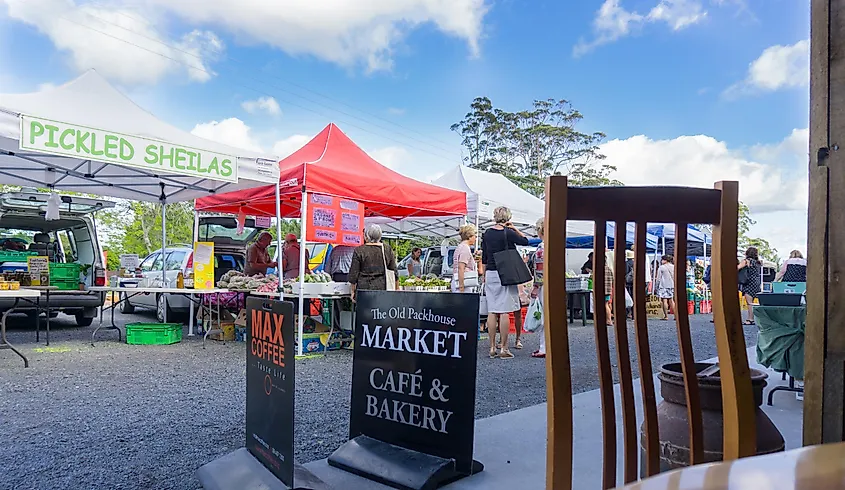 Old Packhouse Market stalls in Kerikeri, New Zealand.