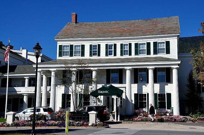 Main entrance to the Greek Revival style luxury Equinox Hotel and Resort in Manchester, Vermont