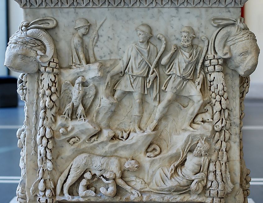 Relief panel from an altar to Venus and Mars depicting Romulus and Remus suckling the she-wolf, and gods representing Roman topography such as the Tiber and Palatine Hill