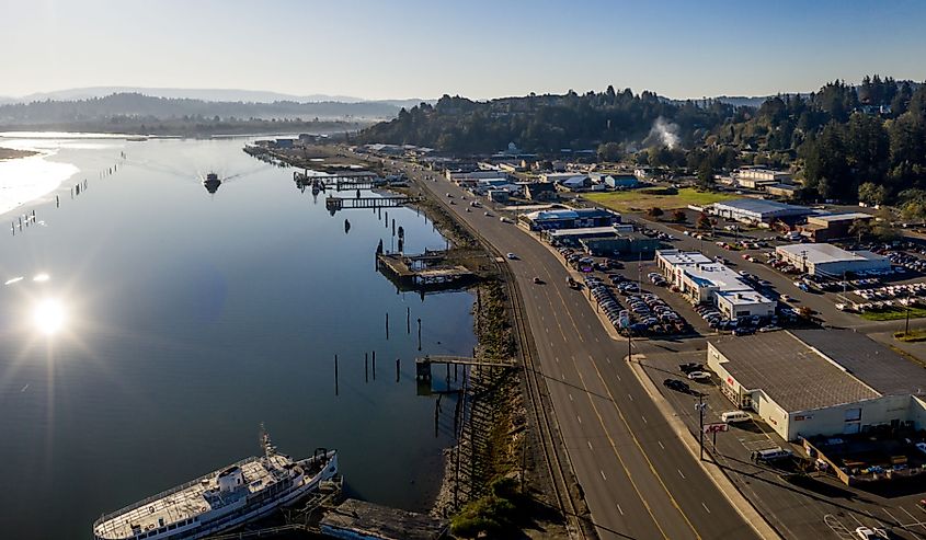 Coos Bay Oregon, aerial Pacific Highway 101 going through town