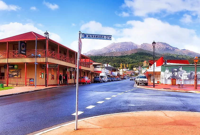 Main shopping street in the regional mining town of Queenstown, Tasmania.