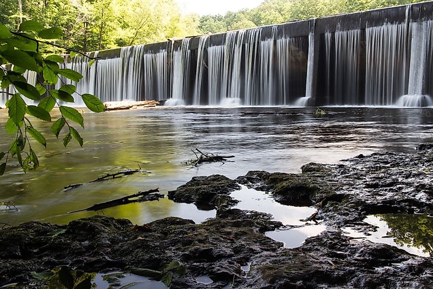 A waterfall over a dam. Old Stone Fort State Archaeological Park, Manchester, Tennessee