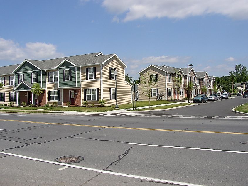 Henry Hudson townhouses in Glens Falls, New York, viewed from the west side of Hudson Avenue.