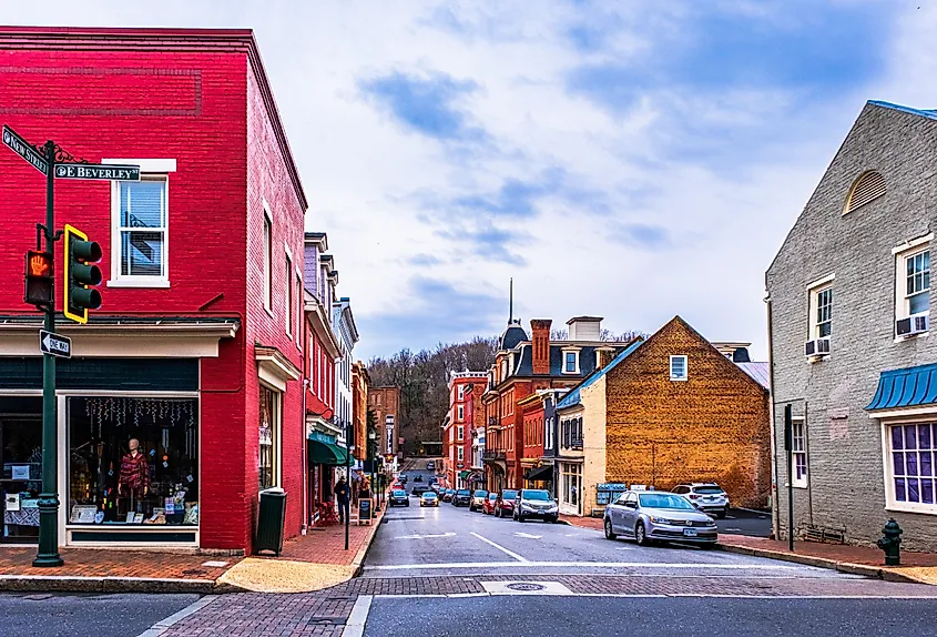 Downtown road and commercial buildings on historic New Street, Staunton, Virginia