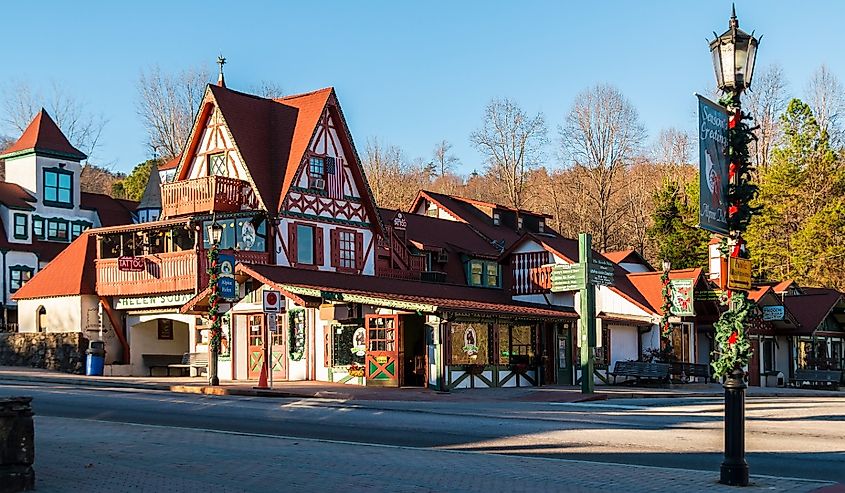 Main Street on Helen, Georgia, with Christmas decorations.