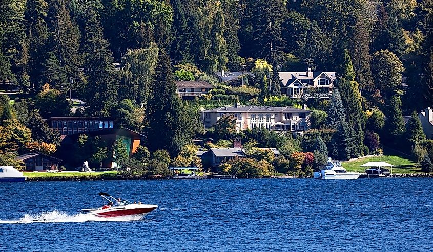 Red Speedboat on Lake, Washington State and, Mercer Island