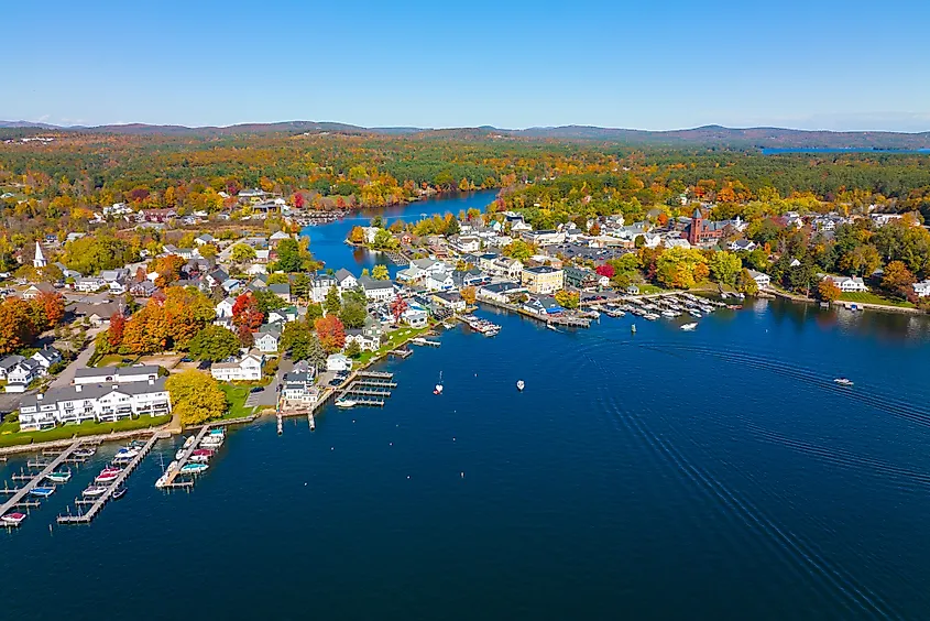 Lake Winnipesaukee aerial view in fall on Main Street, town of Wolfeboro, New Hampshire, USA.