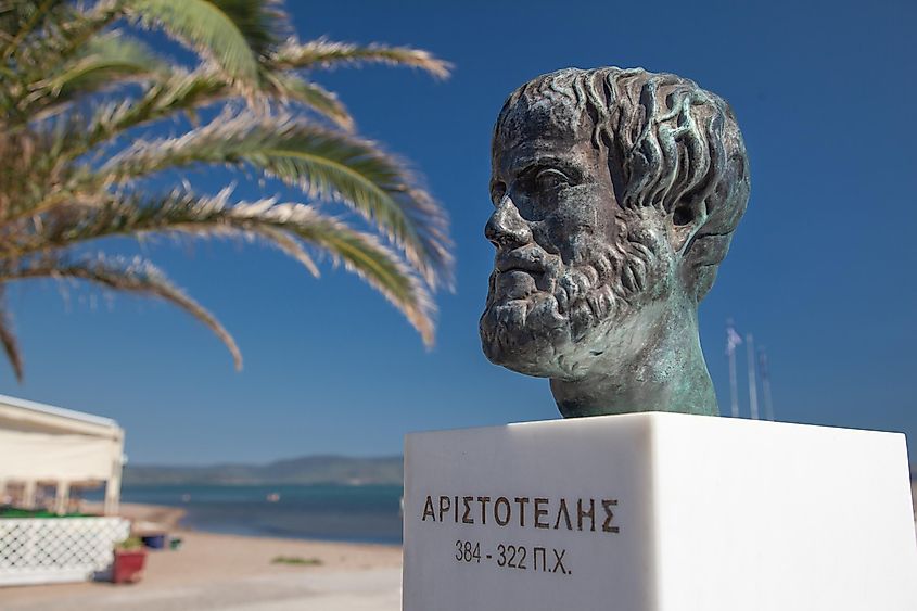 Bust of the Greek philosopher Aristotle at Kalloni gulf, where he lived and studied.