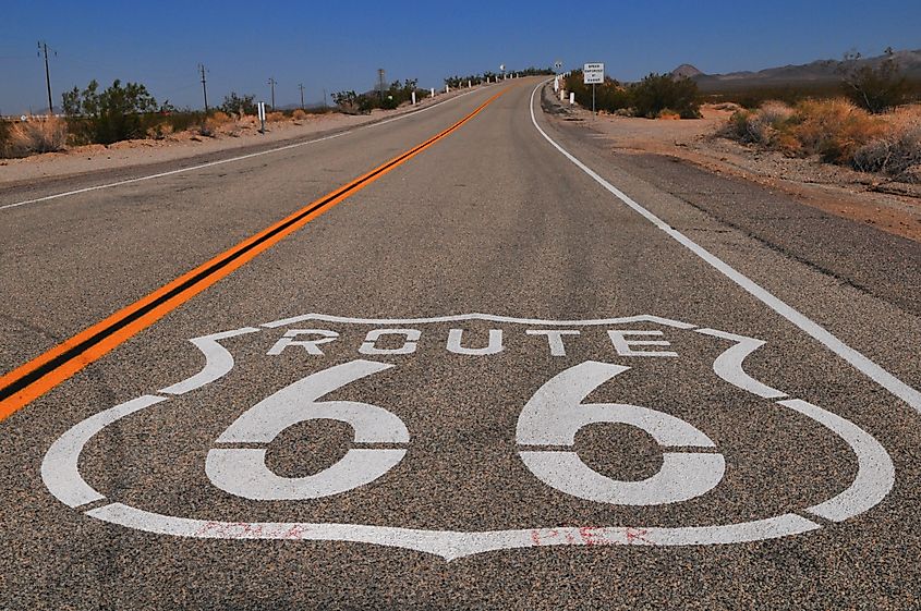 The Historic Route 66 through the Mojave Desert between the Arizona border and Joshua Tree National Park, California