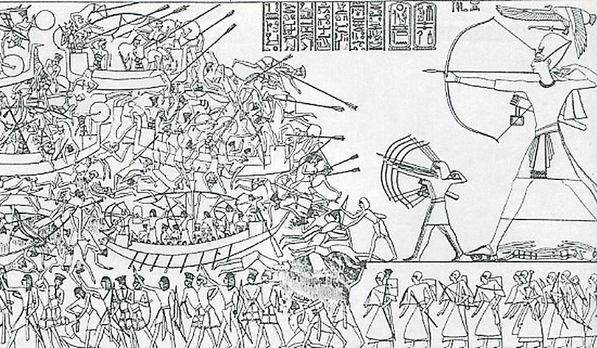 A black and white depiction of the army of Ramesses III fighting the Sea Peoples.