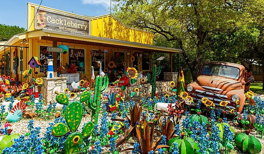 Colorful shop with artwork on display in the small Texas Hill Country town of Wimberley.