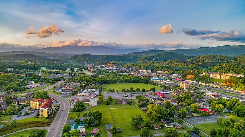 Aerial view of Pigeon Forge and Sevierville Tennessee