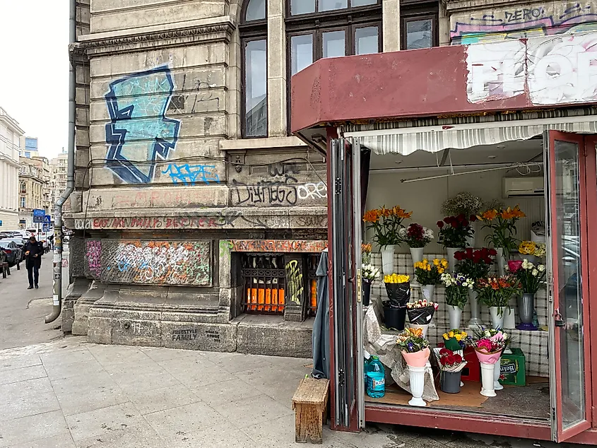 A flower shop stall stands in front of a weathered, graffiti covered wall in downtown Bucharest.
