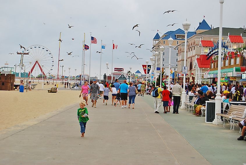 The buzzing boardwalk in Ocean City, Maryland.