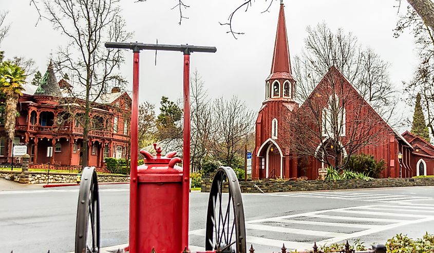 Red Church on Washington Street in historic downtown Sonora on a cloudy, wet spring afternoon