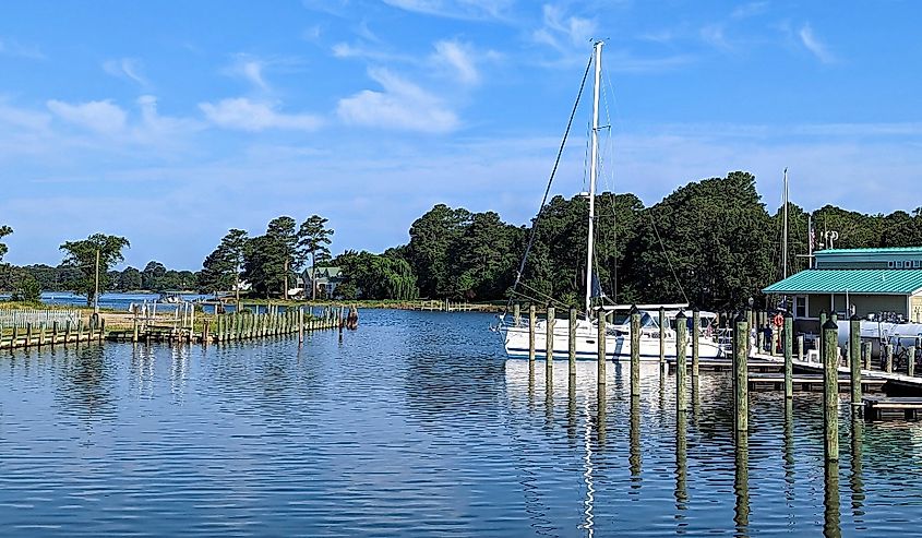 Sailboat in marina at the center of Onancock, Virginia