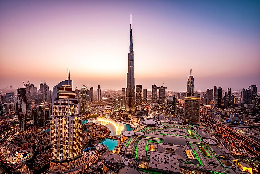 View of Dubai skyline at night.