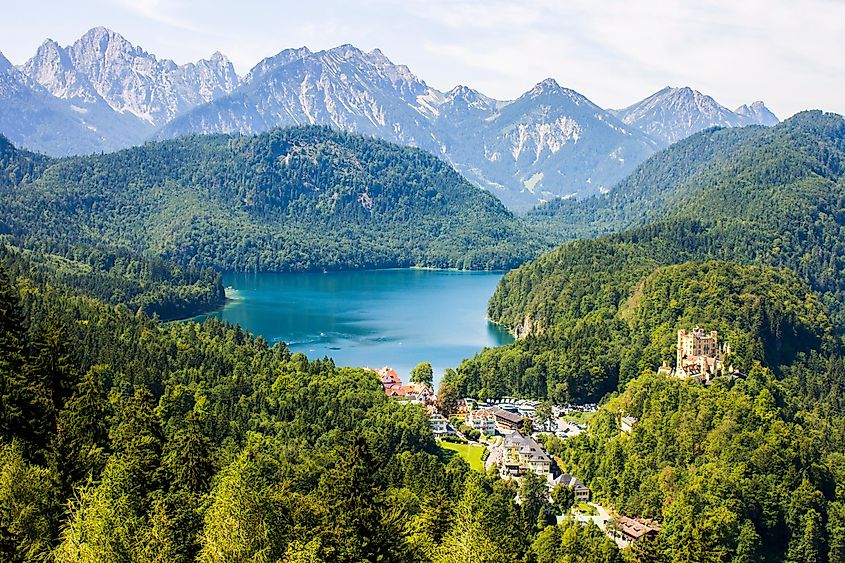Views of Alpsee lake and Hohenschwangau, from Neuschwanstein castle in Fussen, Germany.