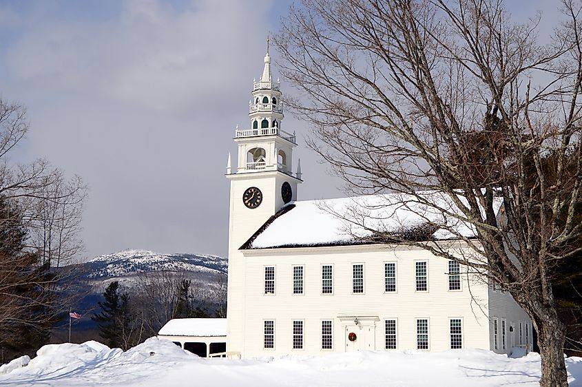 The Fitzwilliam, New Hampshire Town Hall is held in a church like building.