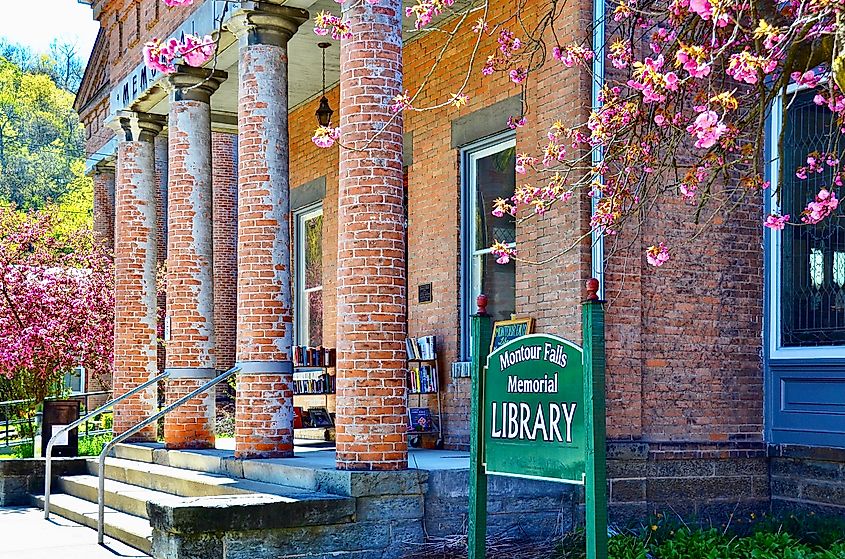 Montour Falls, New York, US - April 26, 2021: Montour Falls Memorial Library, an amazing little gem of a historical building more than 150 years old and on the National Register of Historic Places
