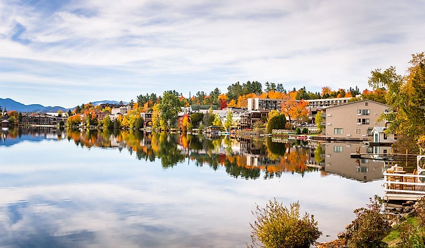 Mountain Village in Autumn and Reflection in Water, Lake Placid, Upstate New York