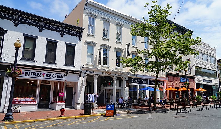 View of downtown buildings on Broad Street in the town of Red Bank, Monmouth County, New Jersey.