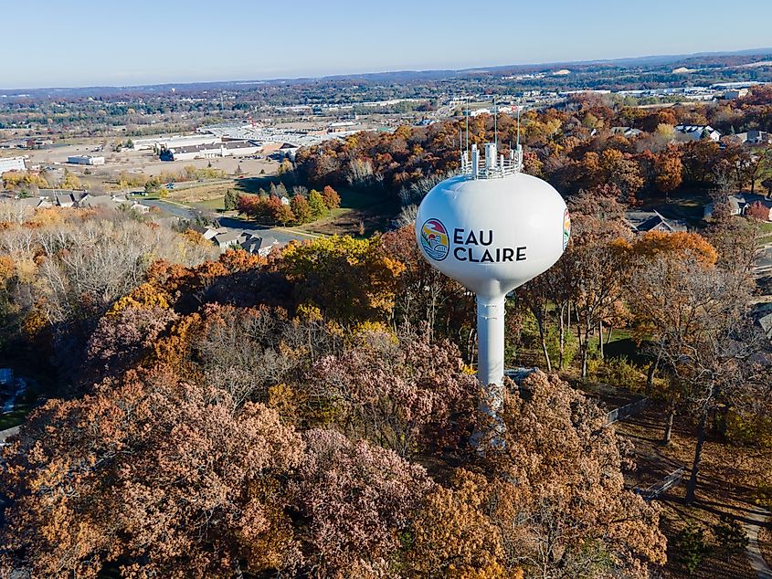 Aerial view of the water tower in Eau Claire, Wisconsin.
