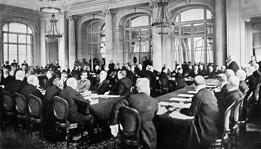 World War I: The scene in the Trianon Palace at Versailles when Premier Clemenceau announced the terms of the Allies to the German delegates