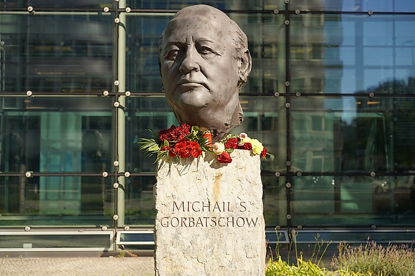 Bust of Mikhail Gorbachev decorated with flowers at Axel Springer building in Berlin, part of the Fathers of Unity monument